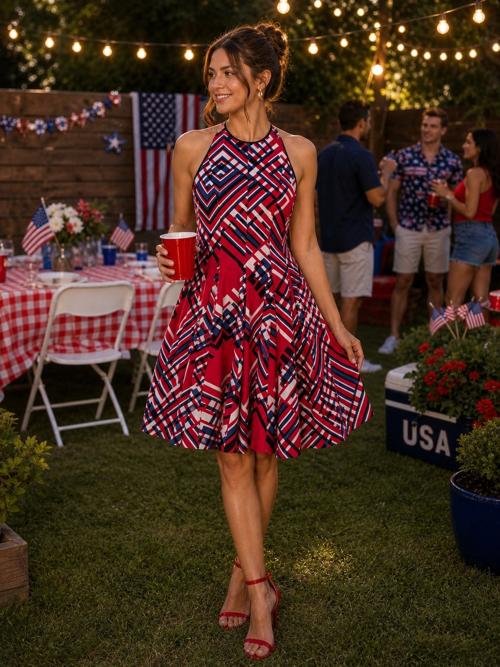 Jessica Simpson Red Navy White Geometric Halter Fit-and-Flare Dress